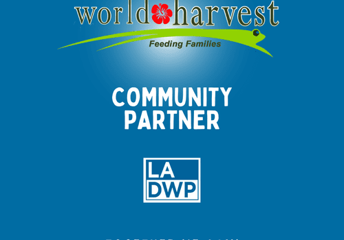 A blue background with the words world harvest and community partner la dwp together we can.